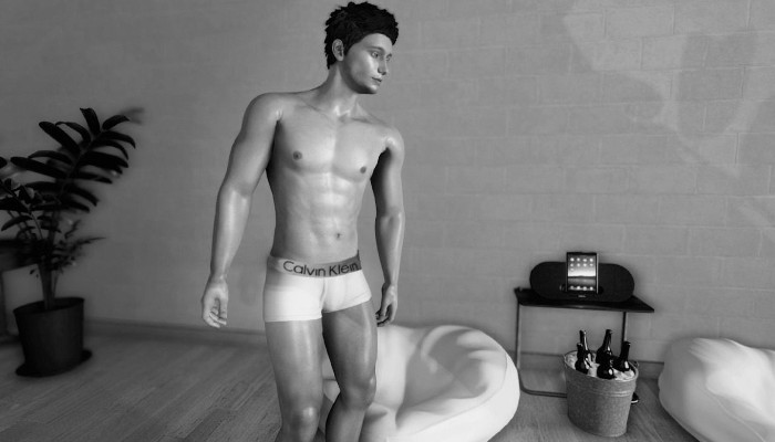 Black-and-white male avatar in underwear beside a bed.