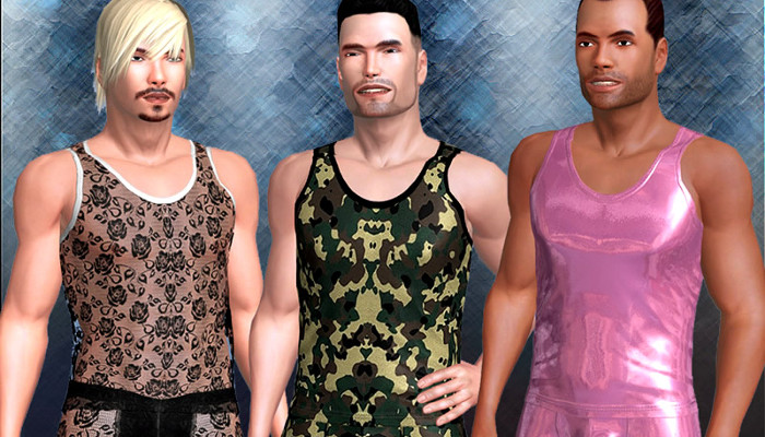 Three male avatars wearing colorful sleeveless shirts.