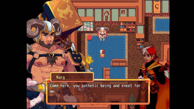 Bara fantasy game dialogue between illustrated warriors — Bara Giants – Society of Pleasure screenshot.