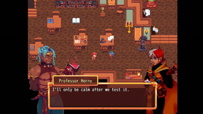 Top-down fantasy room with RPG dialogue window — Bara Giants – Society of Pleasure screenshot.
