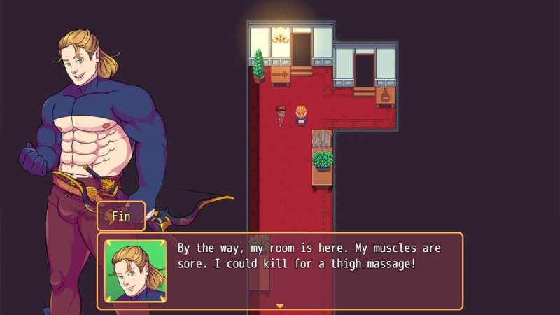 Pixel-art conversation with a muscular warrior indoors — Burning Horns: A Bara Isekai JRPG screenshot.