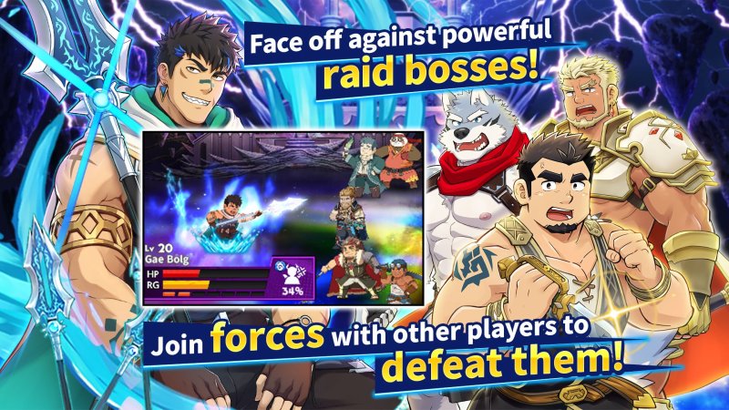 Cooperative raid challenge screen with fantasy male heroes — Crave Saga X - Master of Bonds screenshot.