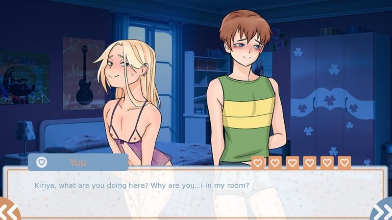 Anime visual-novel dialogue scene with two illustrated characters indoors — Cross Love (Ep.1) screenshot.