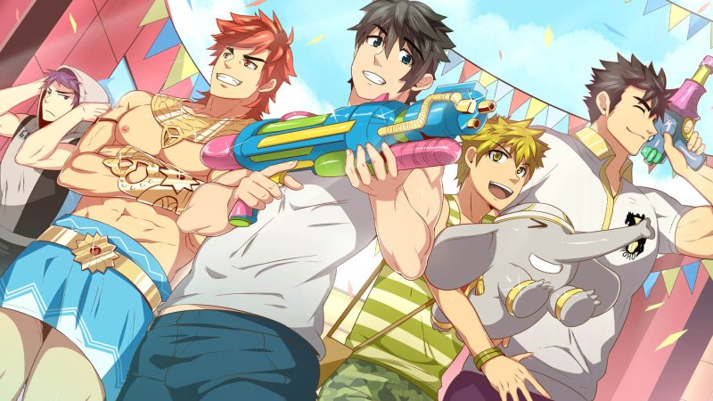 Ensemble character artwork featuring the adult male cast — Full Service screenshot.