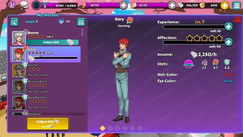 Gay Harem roster and character progression interface — Gay Harem screenshot.