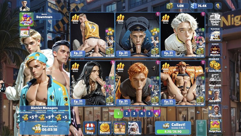 Male character cards on an adult idle game interface — Idle Studs screenshot.