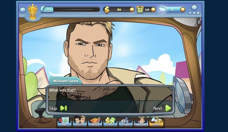 Cartoon male character speaking in a dating game dialogue interface — Men Bang screenshot.