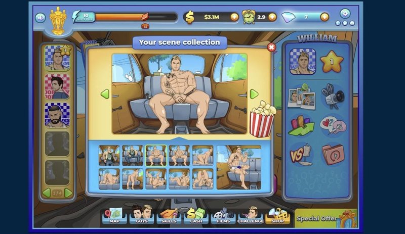 Male character selection and romance scene in a clicker game — Men Bang screenshot.