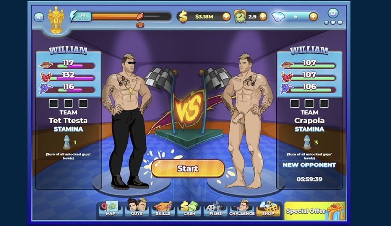 Two cartoon male characters in a competitive card interface — Men Bang screenshot.