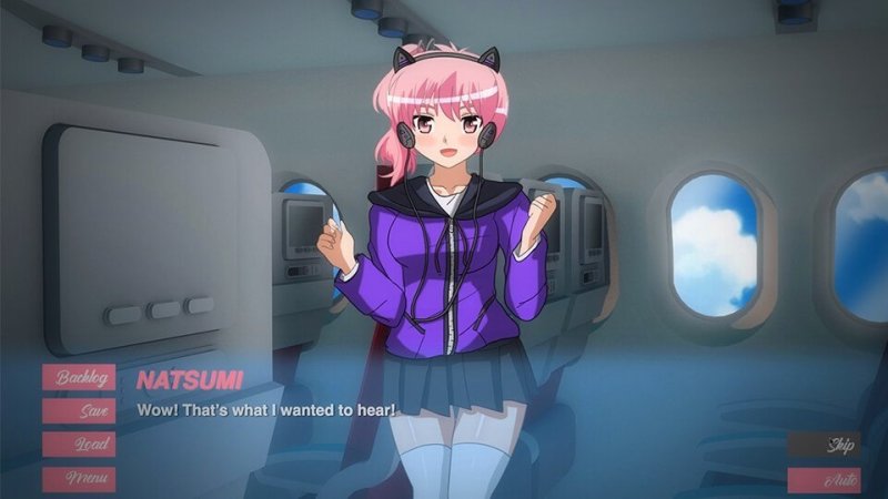 Flight attendant character during an airplane dialogue scene — Pleasure Airlines screenshot.