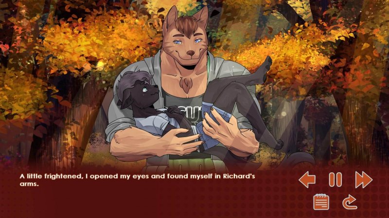 Male furry visual-novel character reading outdoors in autumn — Run, Kitty! Special Edition screenshot.
