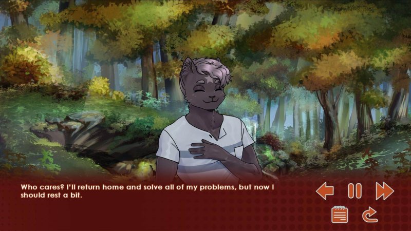 Furry visual-novel story dialogue beside a woodland path — Run, Kitty! Special Edition screenshot.