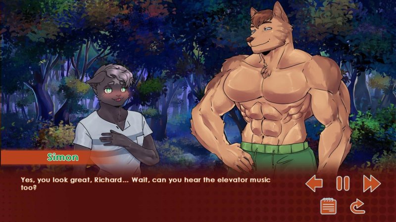 Two male anthropomorphic characters speaking beneath trees — Run, Kitty! Special Edition screenshot.