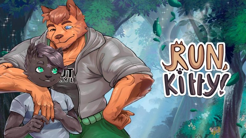 Run Kitty illustrated cover showing a male wolf and cat character — Run, Kitty! screenshot.