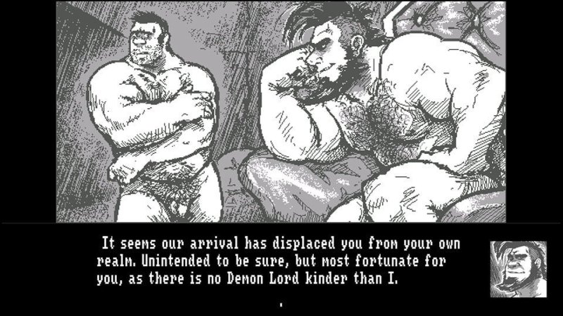 Sketch adventure dialogue with two illustrated male characters — See No Evil screenshot.