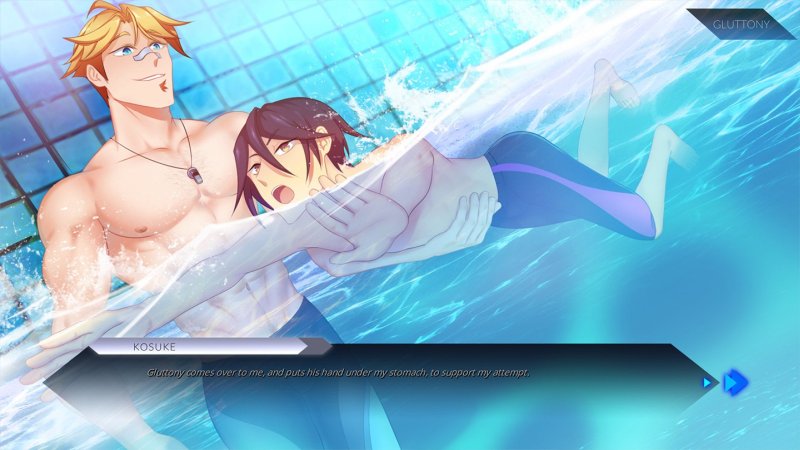 Two male anime characters embracing near water — Sinsations screenshot.