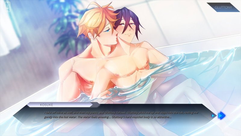 Two adult male characters in a bathhouse scene — Sinsations screenshot.