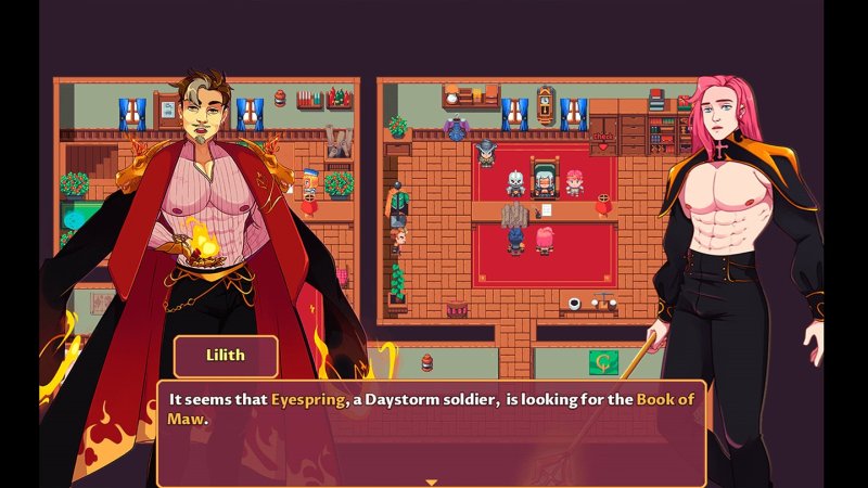 Two characters talking in a fantasy tavern with dialogue overlay — Yuki's Tale screenshot.